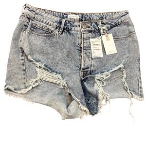 Good American Denim Shorts‎ Distressed Rips Frayed Hem Blue Wash Size 15 NWT